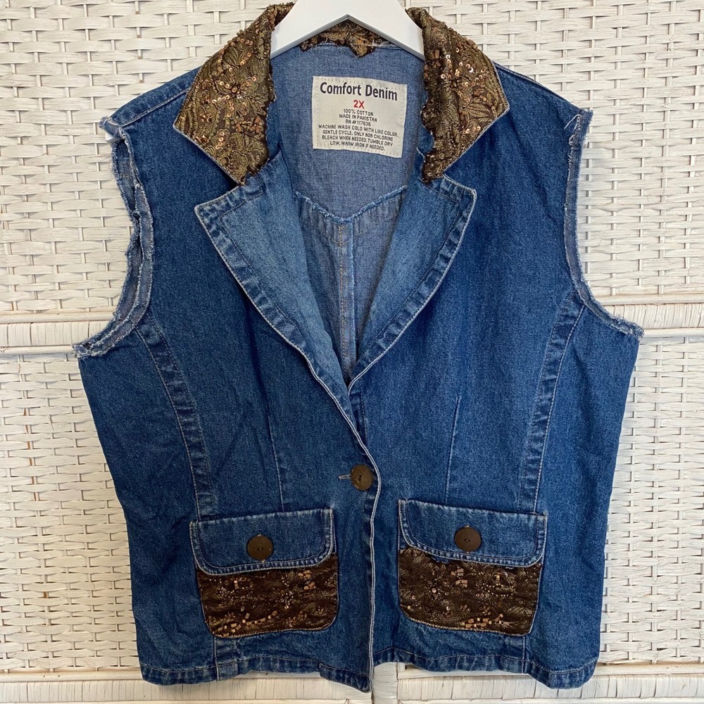 Vintage Comfort Denim 2X Blue Jean Sequin Beaded Boho Y2K Western Vest